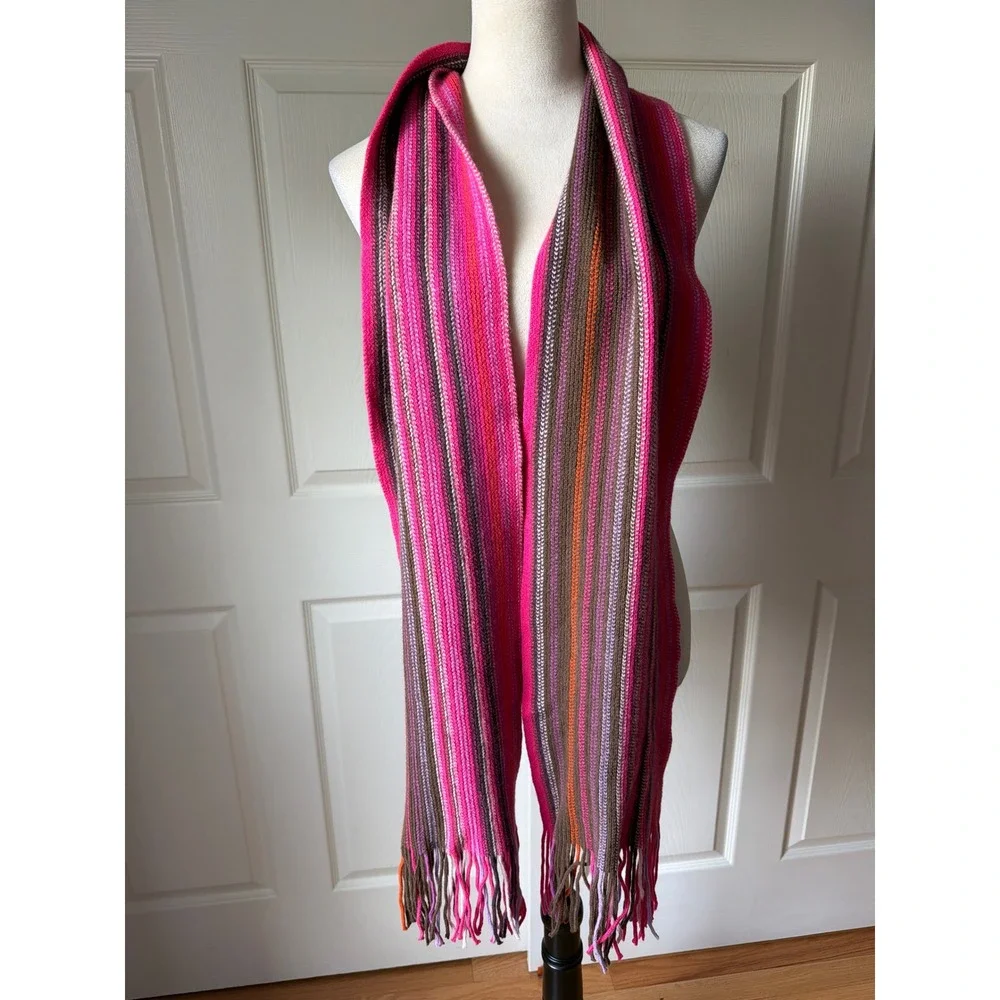 William Brunton Hand Knits Scarf Women OS Pink Brown Striped Lambswool Scotland